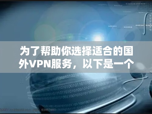 为了帮助你选择适合的国外VPN服务,以下是一个分步骤的指南 为了帮助你选择适合的国外VPN服务,以下是一个分步骤的指南