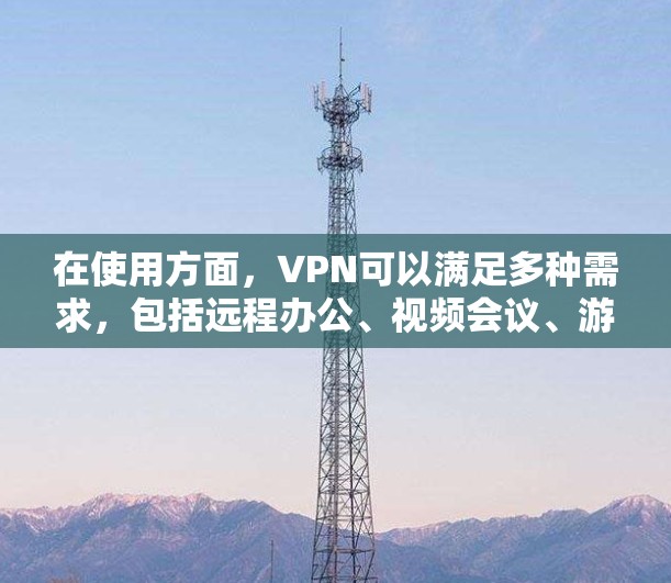 在使用方面，VPN可以满足多种需求，包括远程办公、视频会议、游戏流媒体、文件传输和数据保护等。随着技术的进步，更多用户正在尝试通过VPN来提升个人隐私和网络体验