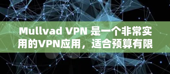 Mullvad VPN 是一个非常实用的VPN应用,适合预算有限的用户,尤其是那些希望保持较低费用进行安全的网络访问。以下是对 Mullvad VPN 功能的详细评测 Mullvad VPN 是一个非常实用的VPN应用,适合预算有限的用户,尤其是那些希望保持较低费用进行安全的网络访问。以下是对 Mullvad VPN 功能的详细评测