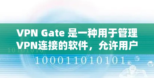 VPN Gate 是一种用于管理VPN连接的软件，允许用户访问多个VPN服务。以下是详细介绍